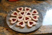 Linzer Cookies A plate of heart shaped linzer cookies with raspberry filling.