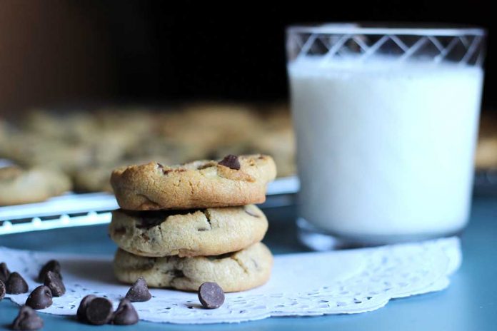 Soy Milk Chocolate Chip Cookies with a cup of soy milk.