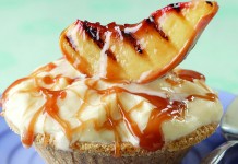 Caramel Frozen Yogurt Pie with Grilled Peaches frozen yogurt pie
