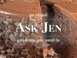 chocolate cake with Ask Jen text