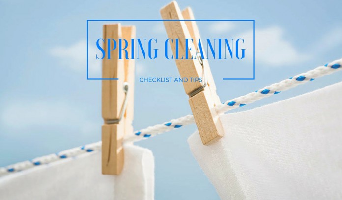 clothesline with 'spring cleaning checklist and tips' text