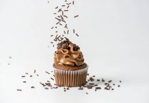 Chocolate Cupcakes Chocolate Cupcake with Chocolate Cream Cheese Frosting and Chocolate Sprinkles dropping over the top.