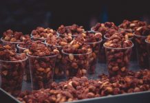 Hot Chocolate Spiced Nuts Hot Chocolate Spiced Nuts in small plastic cups