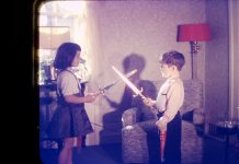 How did we even survive? Kym Seabolt in a childhood sword fight.
