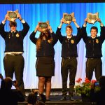 91st Ohio FFA State Convention award winners The FFA’ers who earned state Star awards, or Stars Over Ohio, celebrated following their introduction during the state convention May 2-3. Pictured (L-R) Cody Clark, Zane Trace FFA; Madison Whitt, Ridgewood FFA; Jacob Wuebker, Versailles FFA; and Montgomery Boes, Upper Sandusky FFA. (Mickayla Overholt photo.)