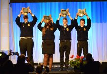 91st Ohio FFA State Convention award winners The FFA’ers who earned state Star awards, or Stars Over Ohio, celebrated following their introduction during the state convention May 2-3. Pictured (L-R) Cody Clark, Zane Trace FFA; Madison Whitt, Ridgewood FFA; Jacob Wuebker, Versailles FFA; and Montgomery Boes, Upper Sandusky FFA. (Mickayla Overholt photo.)