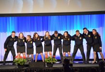 The 91st Ohio FFA State Convention The 2018-2019 Ohio FFA officers wrapped up their terms during the 91st Ohio FFA State Convention. The officers included (L-R) Kolesen McCoy, president; Grace Lach, vice president at large; Emma Dearth, vice president at large; Mallory Caudill, sentinel; Kalyn Strahley, treasurer; Bailey Eberhart, reporter; Holly McClay, vice president; Tyler Zimpfer, vice president at large; Grant Lach, vice president at large and Gretchen Lee, secretary. (Mickayla Overholt photo.)