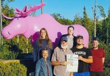 Ice cream at the Pink Moose with the Rhoades family! The Rhoades family pose in front of the Pink Moose statue on Mackinaw Island