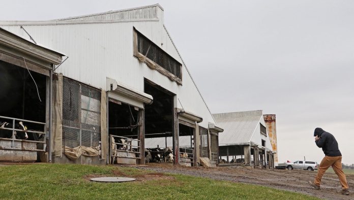 man walking into barn