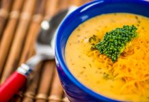 Broccoli Cheese Soup A bowl of broccoli cheddar soup.