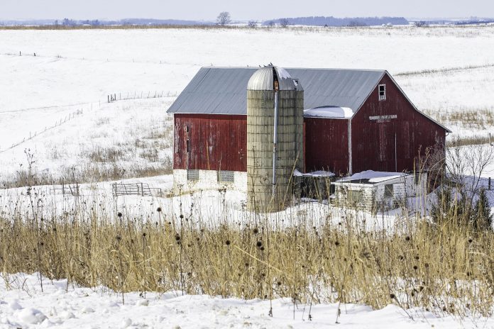 A barn and silo in the winter, with snow on the ground.