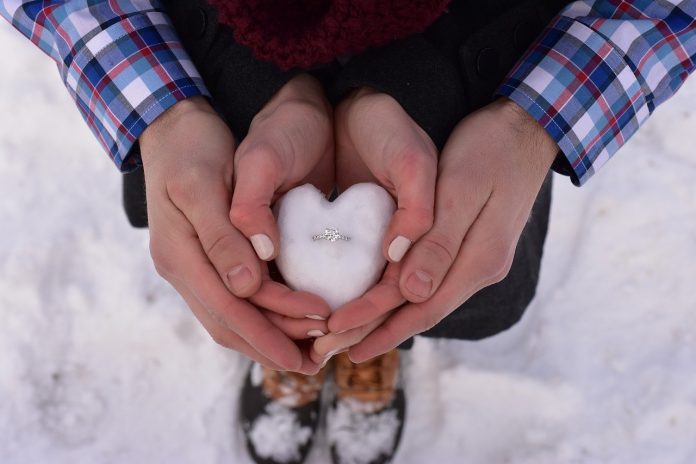 engagement ring in a snowball