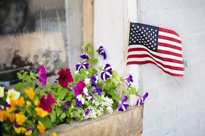 american flag in a flower box