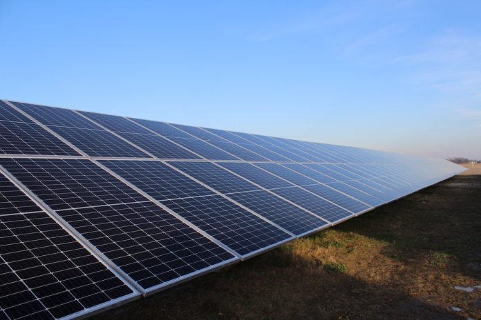 solar panels in an array in Ohio in the winter