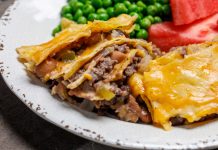 Slow Cooker Venison Enchiladas with a side of peas and watermelon