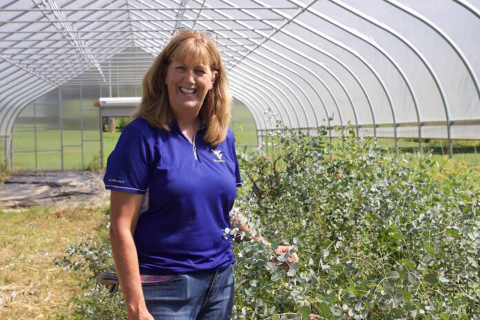 A woman stands in a high tunnel next to growing eucalyptus.