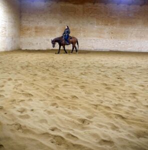 long shot of horse and rider in barn as they walk