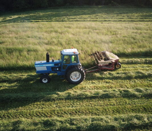 a blue tractor moves across a field of green, mowing hay