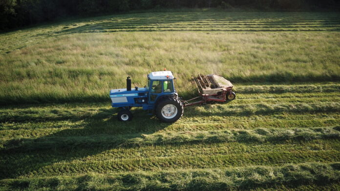 a blue tractor moves across a field of green, mowing hay