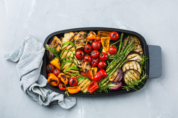Seasonal summer grilled vegetables in a pan