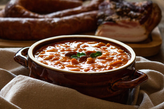 Homemade baked beans with sausage and bacon