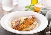 Blackened Walleye with White Cheddar Grits and Creole Sauce